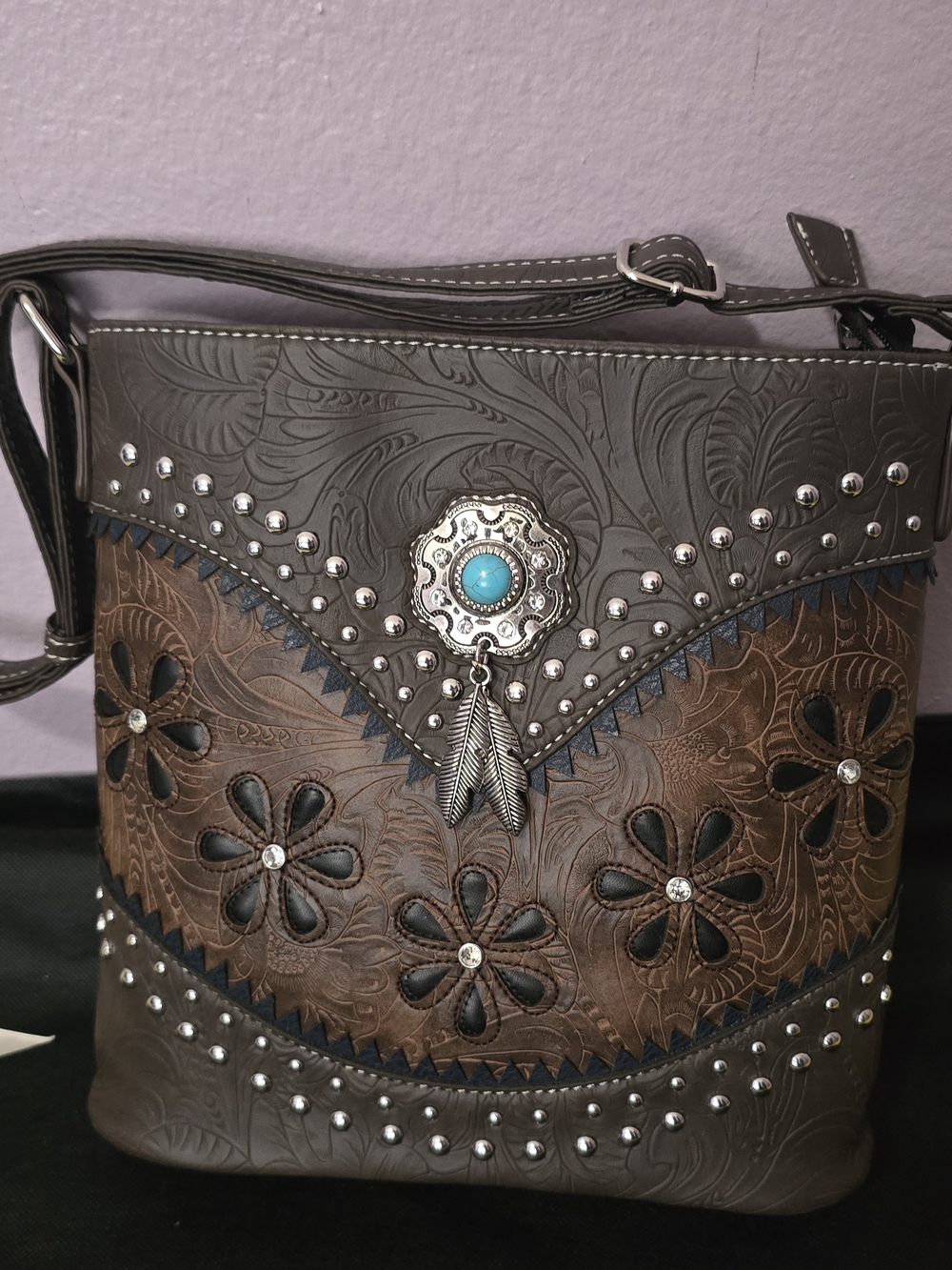 Women's Brown Embossed Floral Crossbody Bag with Turquoise Concho